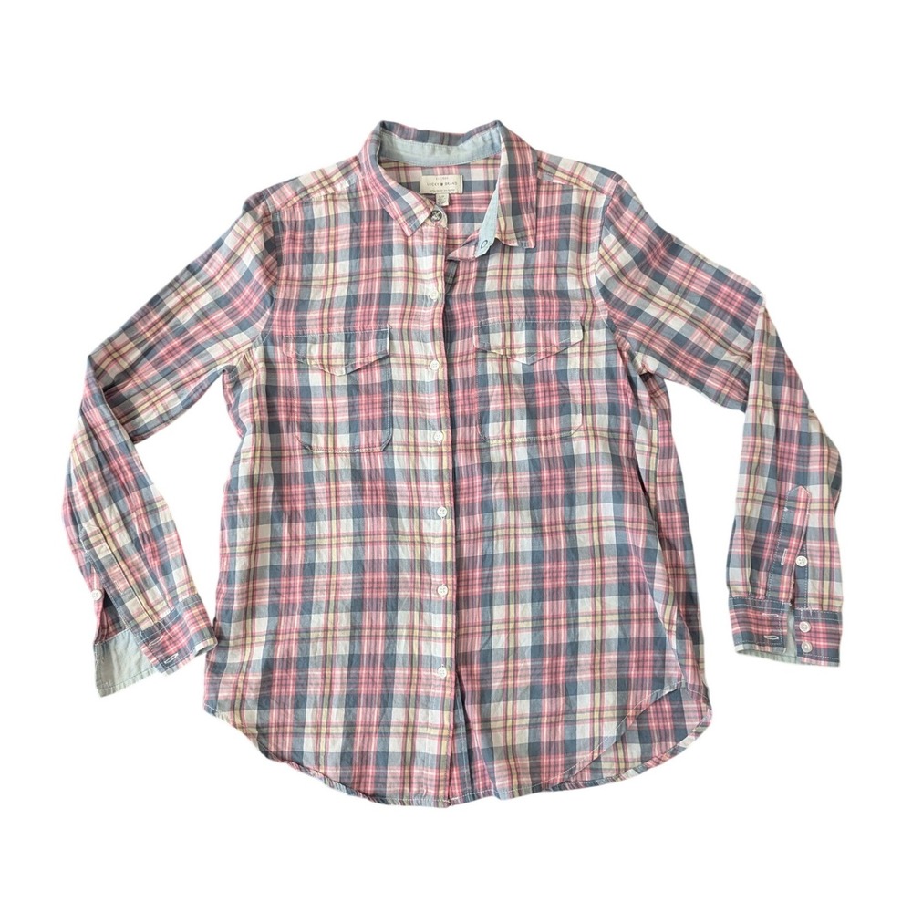 Lucky Brand Womens Small Pink Blue Plaid Cotton Button Down Shirt Long‎ Sleeve